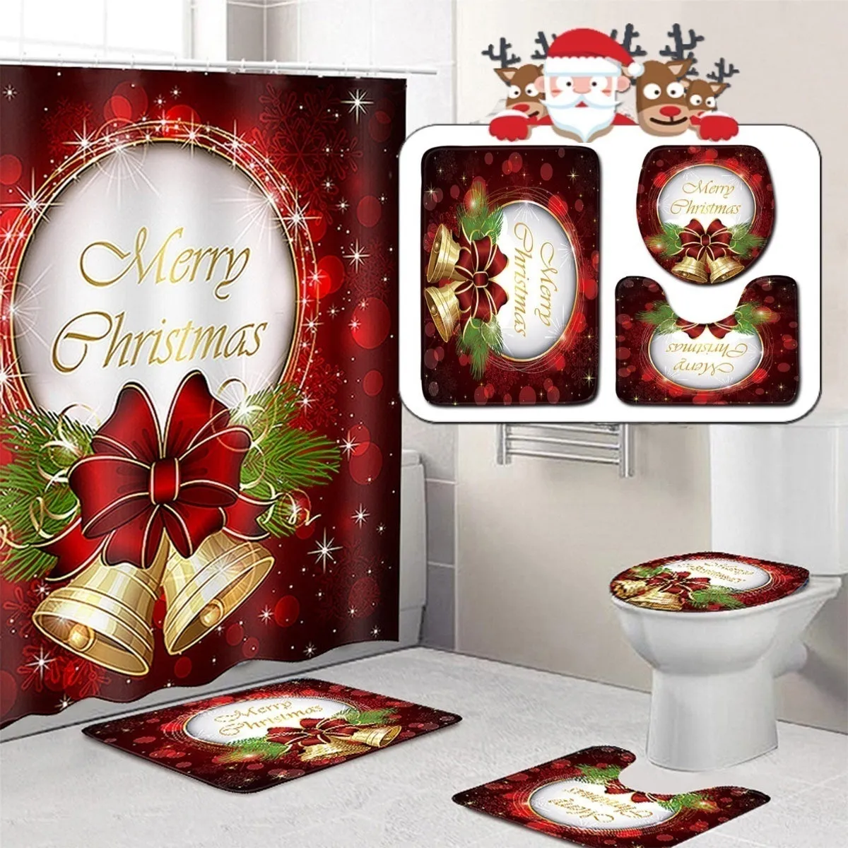 6 Type Chirstmas Bathroom Snowman Santa Father Snow Bell Elk Pattern Waterproof  Shower Curtain Toilet Cover Mat Non-Slip Rugs