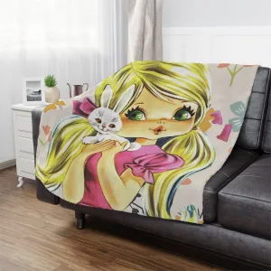 70's Retro Blanket, Blonde Haired, Big Green Eyes, Pretty Girl, Flower Power, Groovy Flowers, Girl With Bunny, Sweet, Simple Minky Blanket