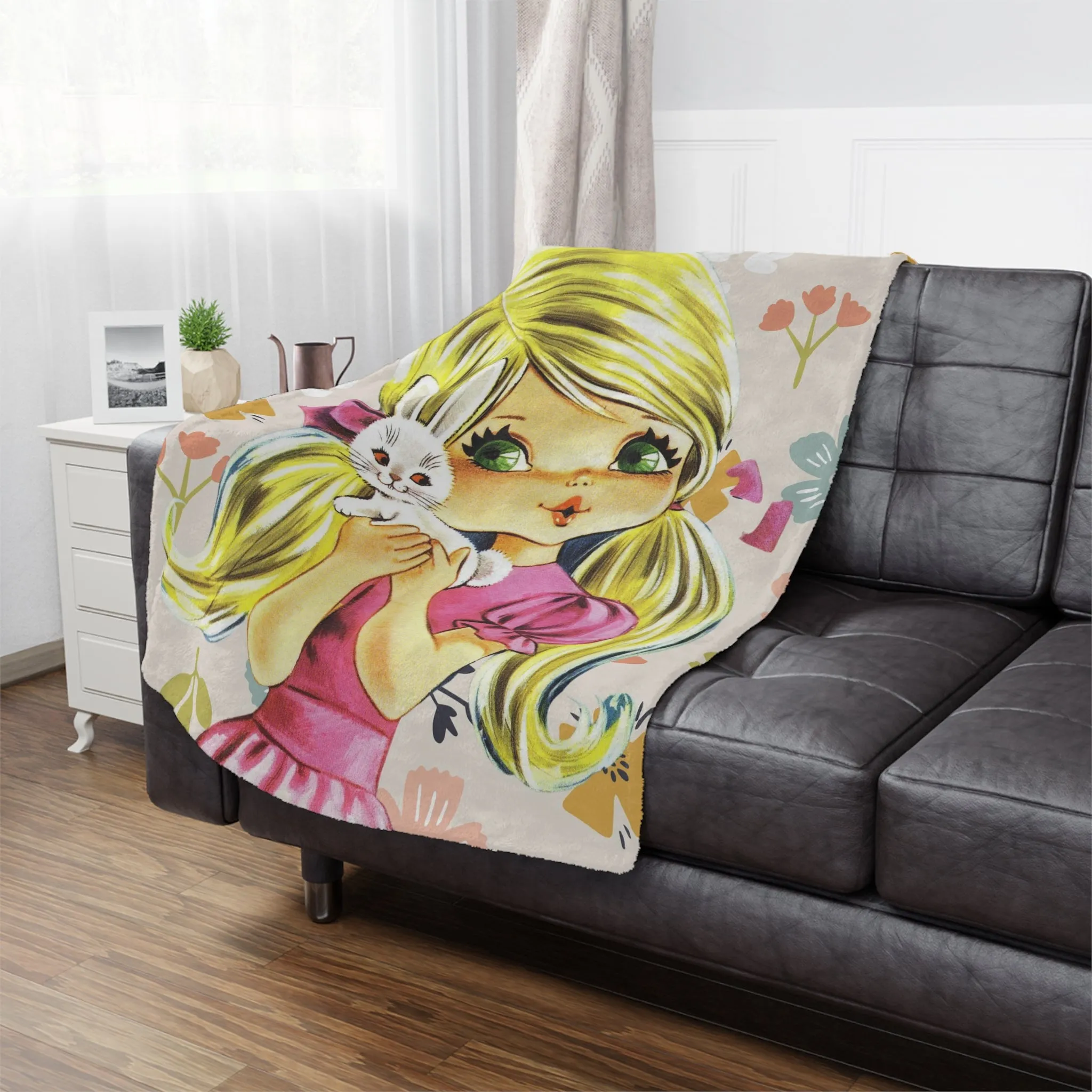 70's Retro Blanket, Blonde Haired, Big Green Eyes, Pretty Girl, Flower Power, Groovy Flowers, Girl With Bunny, Sweet, Simple Minky Blanket