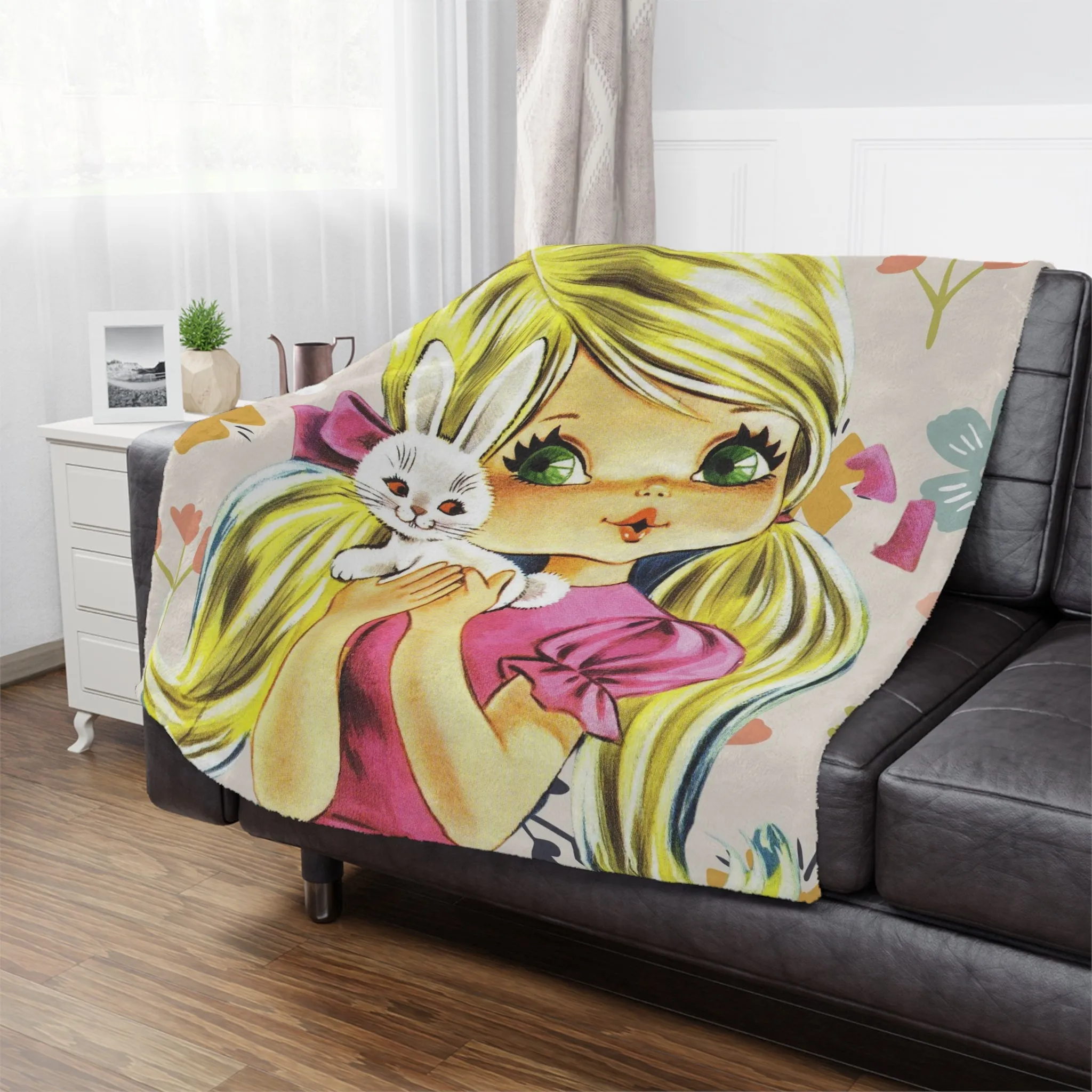 70's Retro Blanket, Blonde Haired, Big Green Eyes, Pretty Girl, Flower Power, Groovy Flowers, Girl With Bunny, Sweet, Simple Minky Blanket