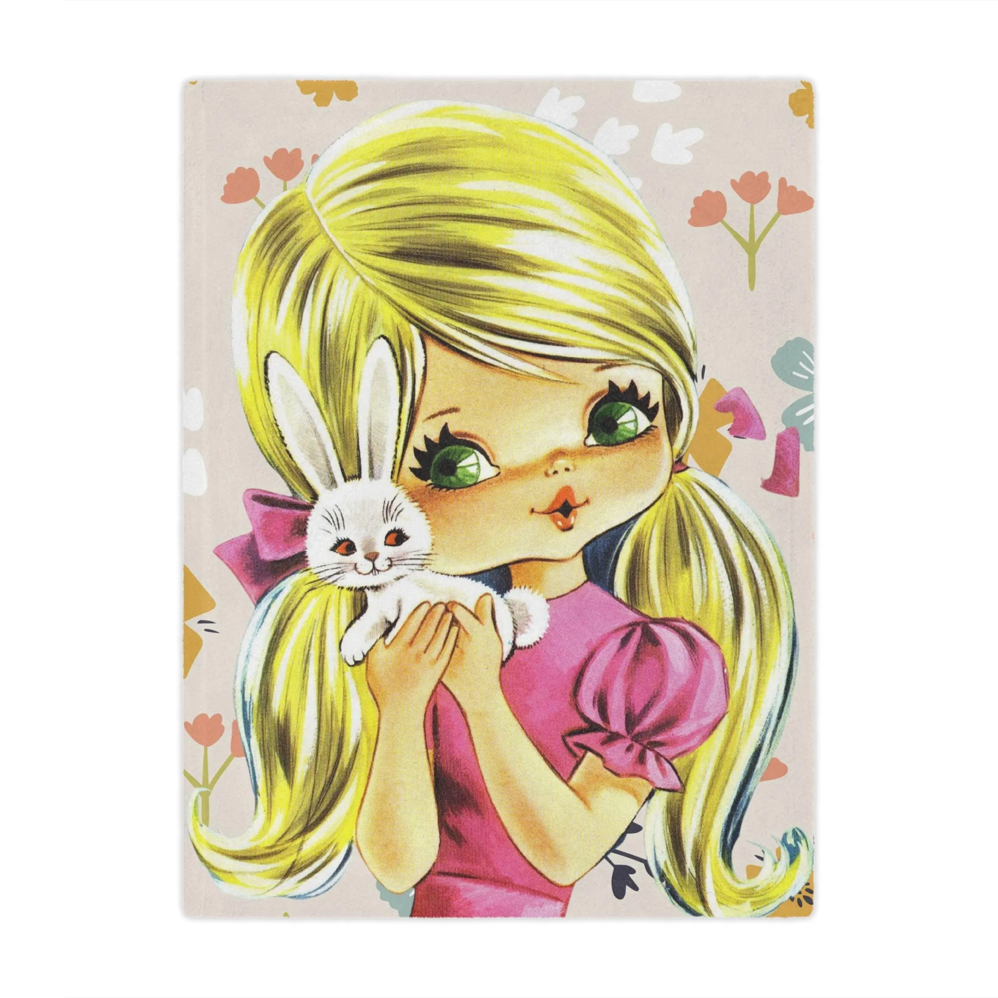 70's Retro Blanket, Blonde Haired, Big Green Eyes, Pretty Girl, Flower Power, Groovy Flowers, Girl With Bunny, Sweet, Simple Minky Blanket