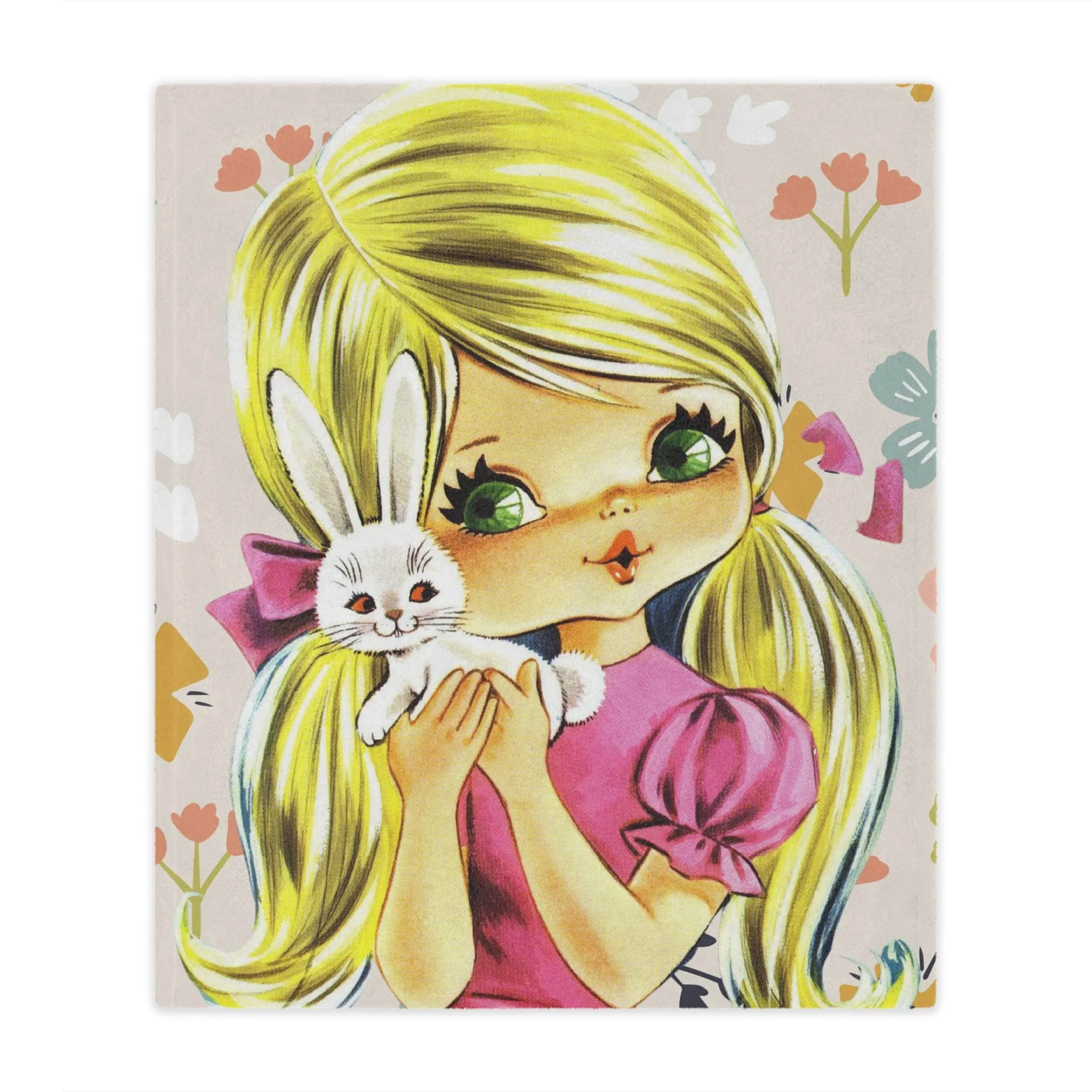 70's Retro Blanket, Blonde Haired, Big Green Eyes, Pretty Girl, Flower Power, Groovy Flowers, Girl With Bunny, Sweet, Simple Minky Blanket