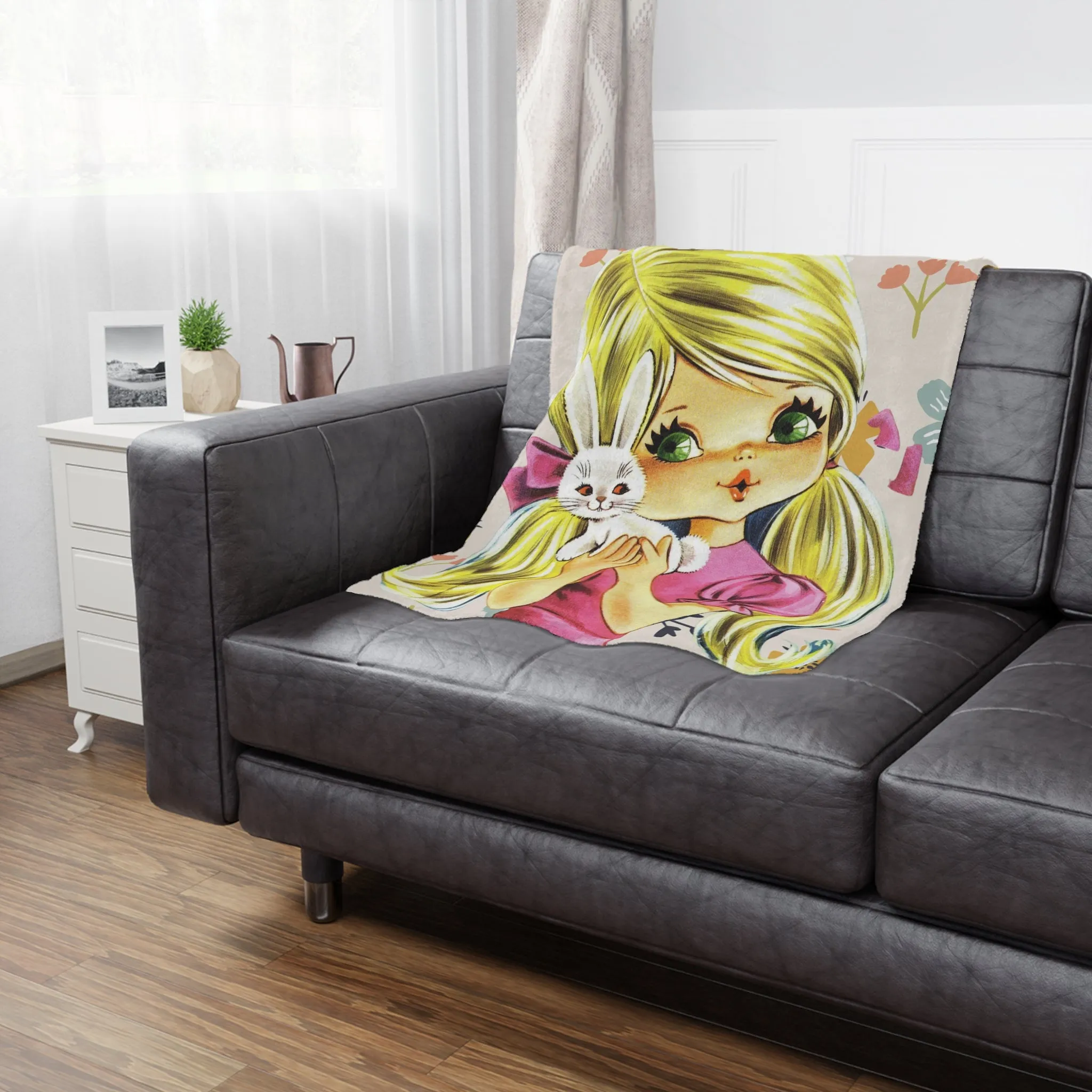 70's Retro Blanket, Blonde Haired, Big Green Eyes, Pretty Girl, Flower Power, Groovy Flowers, Girl With Bunny, Sweet, Simple Minky Blanket