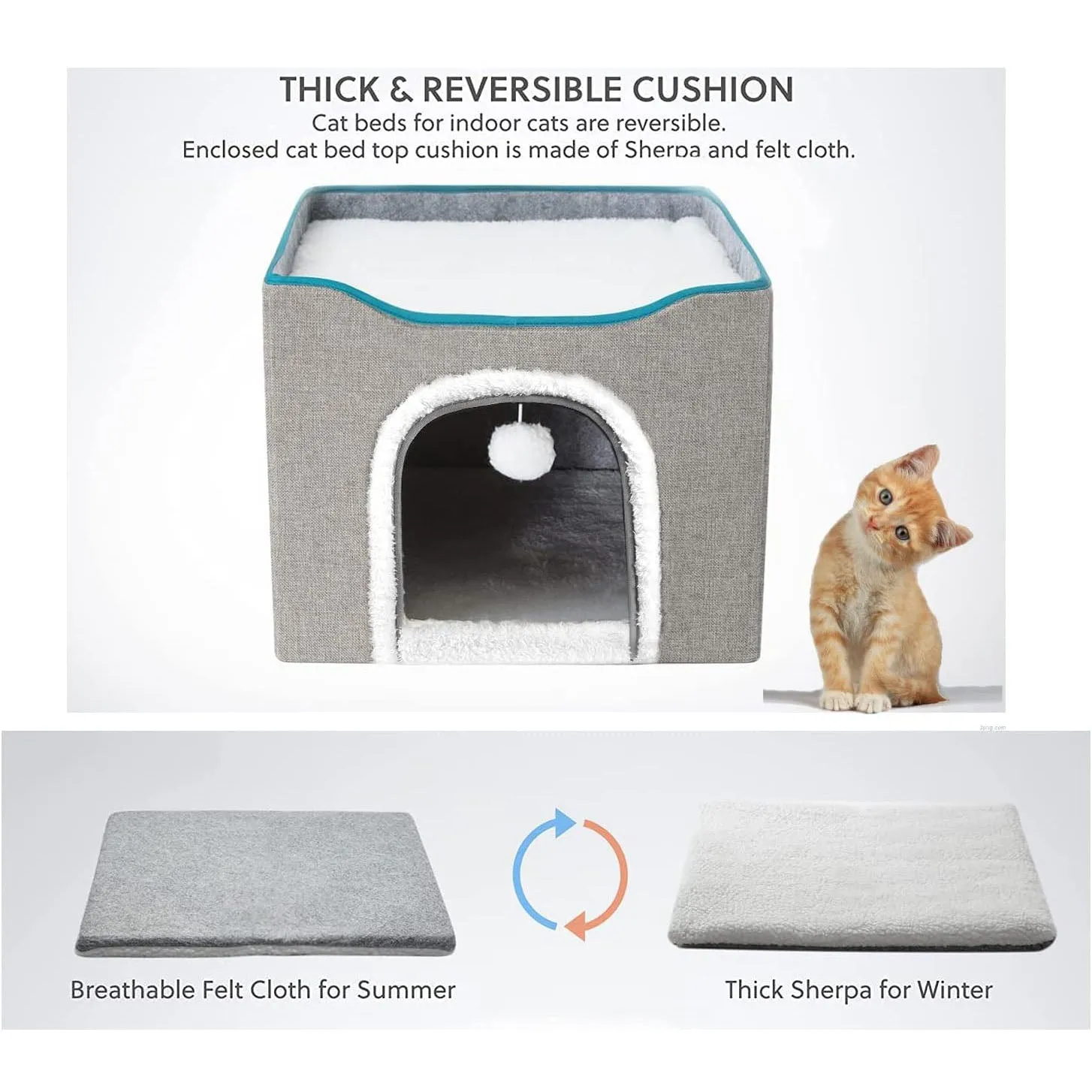 Cat Cave for Pet Cat House with Hanging Ball and Scratch Pad-Gray