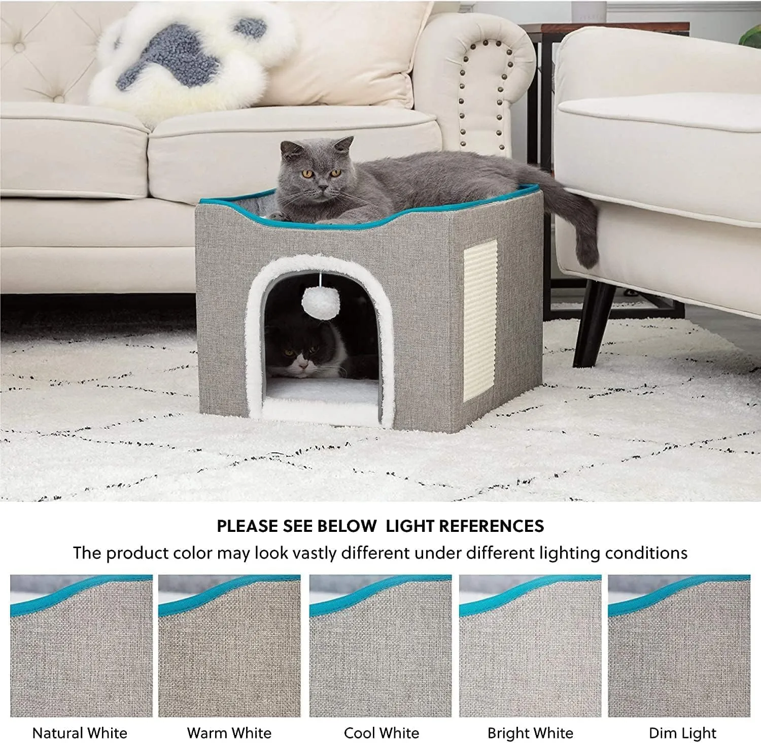 Cat Cave for Pet Cat House with Hanging Ball and Scratch Pad-Gray