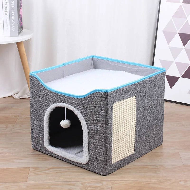 Cat Cave for Pet Cat House with Hanging Ball and Scratch Pad-Gray