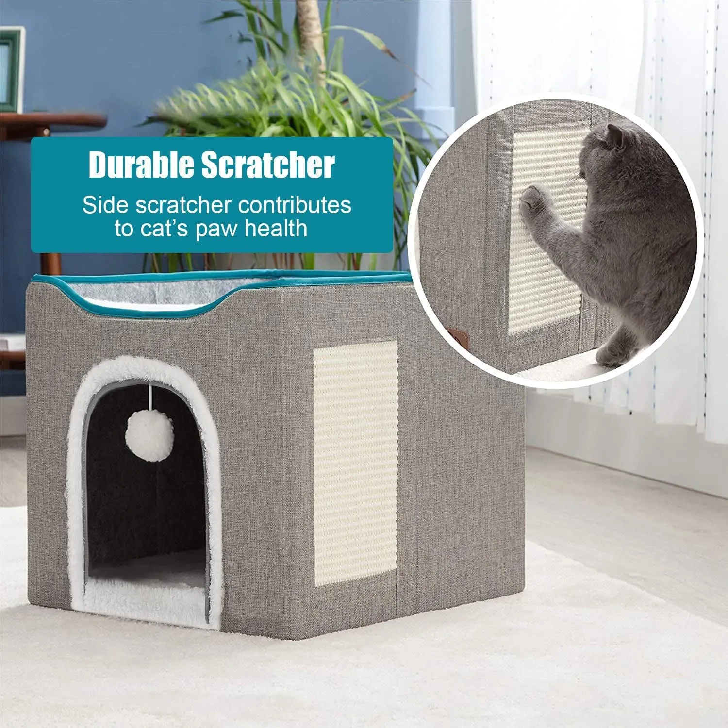 Cat Cave for Pet Cat House with Hanging Ball and Scratch Pad-Gray