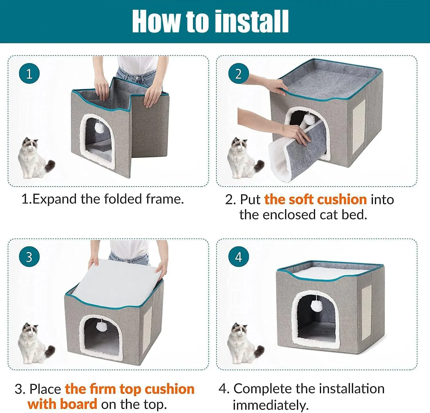 Cat Cave for Pet Cat House with Hanging Ball and Scratch Pad-Gray