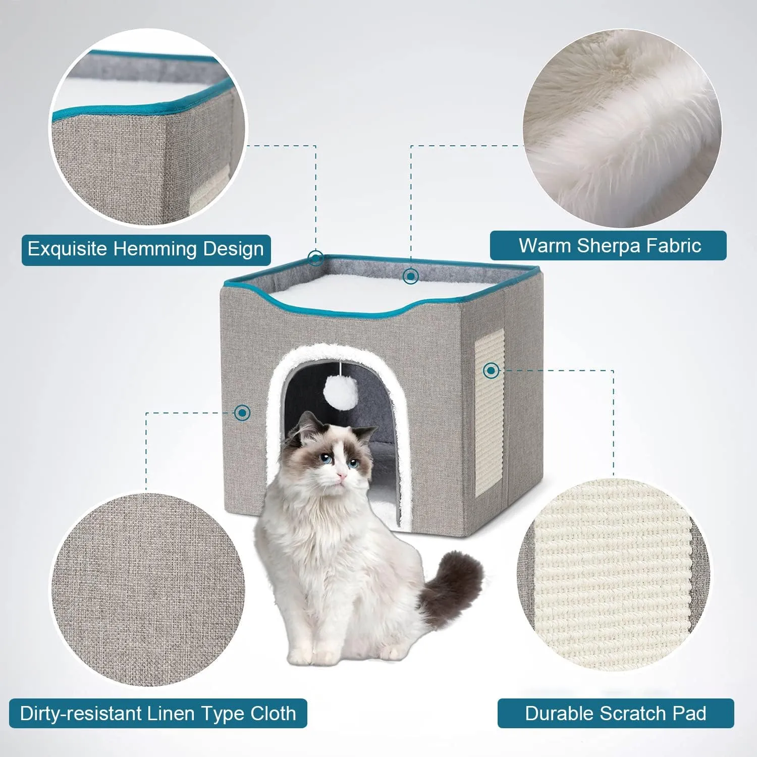 Cat Cave for Pet Cat House with Hanging Ball and Scratch Pad-Gray