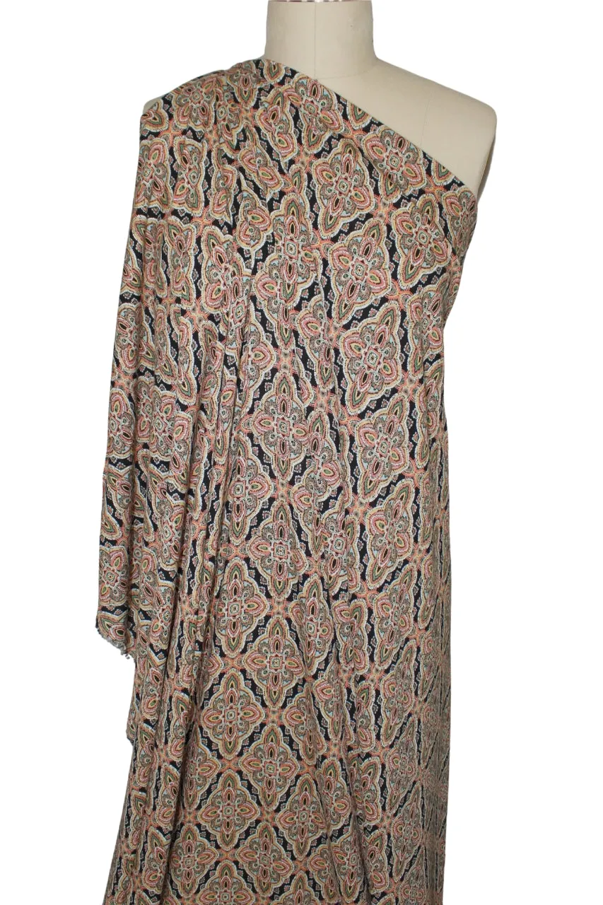 Paisley Medallions Rayon Challis - Orange Tones on Black