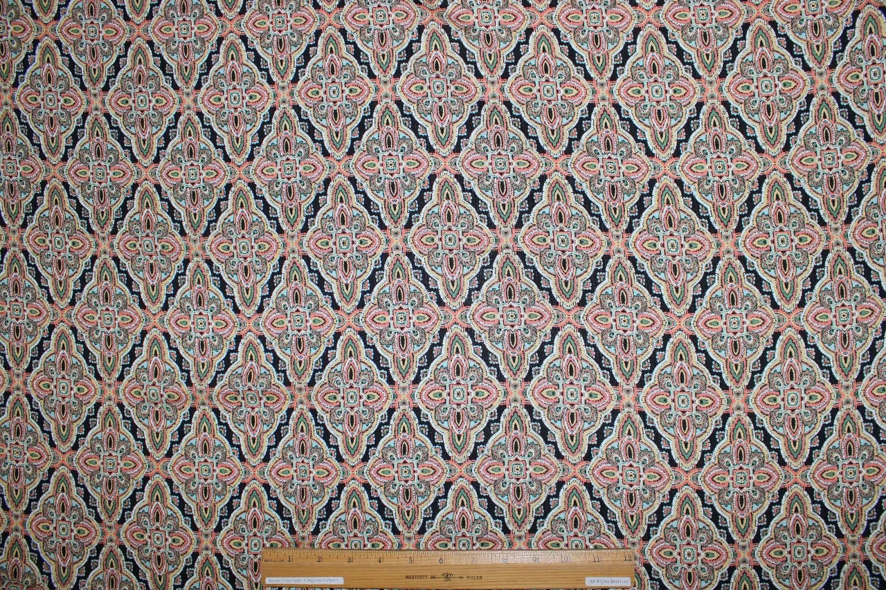 Paisley Medallions Rayon Challis - Orange Tones on Black
