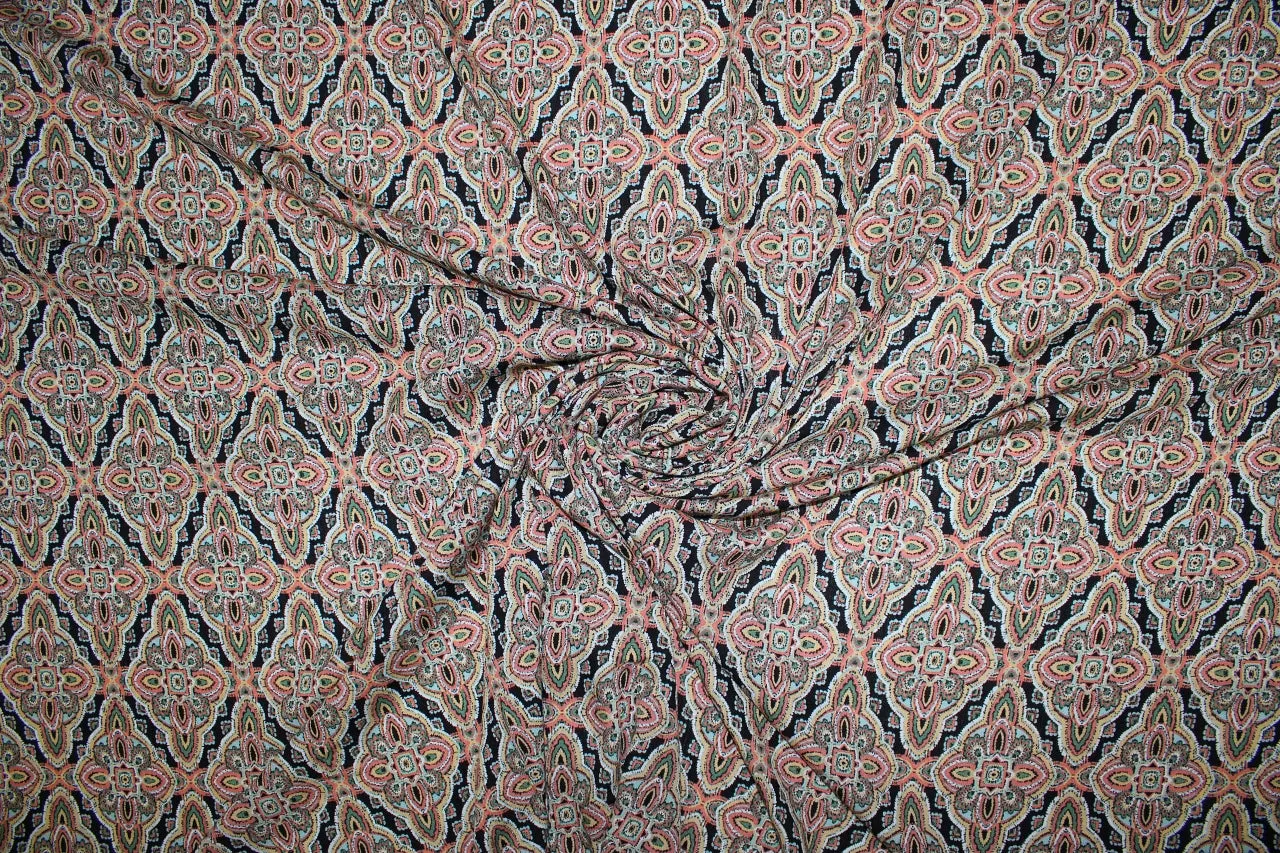 Paisley Medallions Rayon Challis - Orange Tones on Black