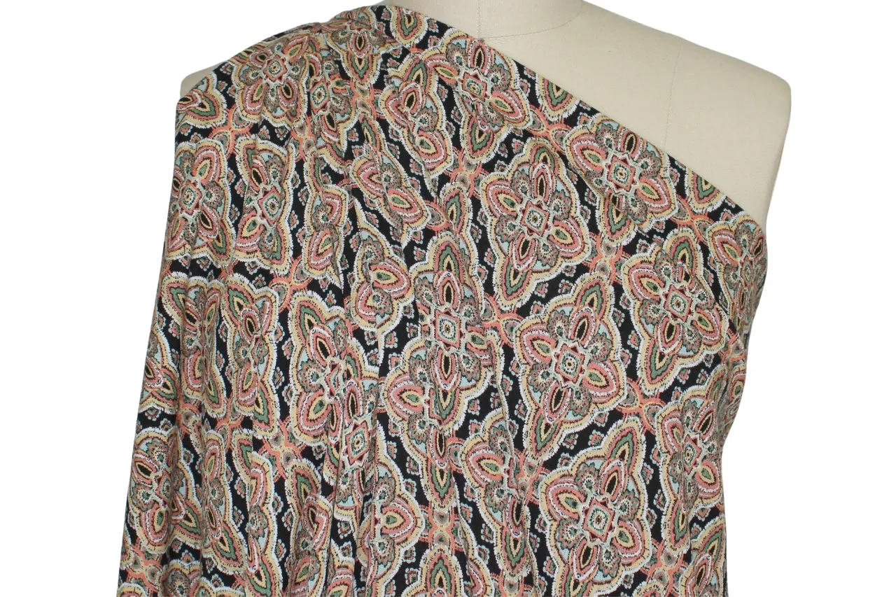 Paisley Medallions Rayon Challis - Orange Tones on Black