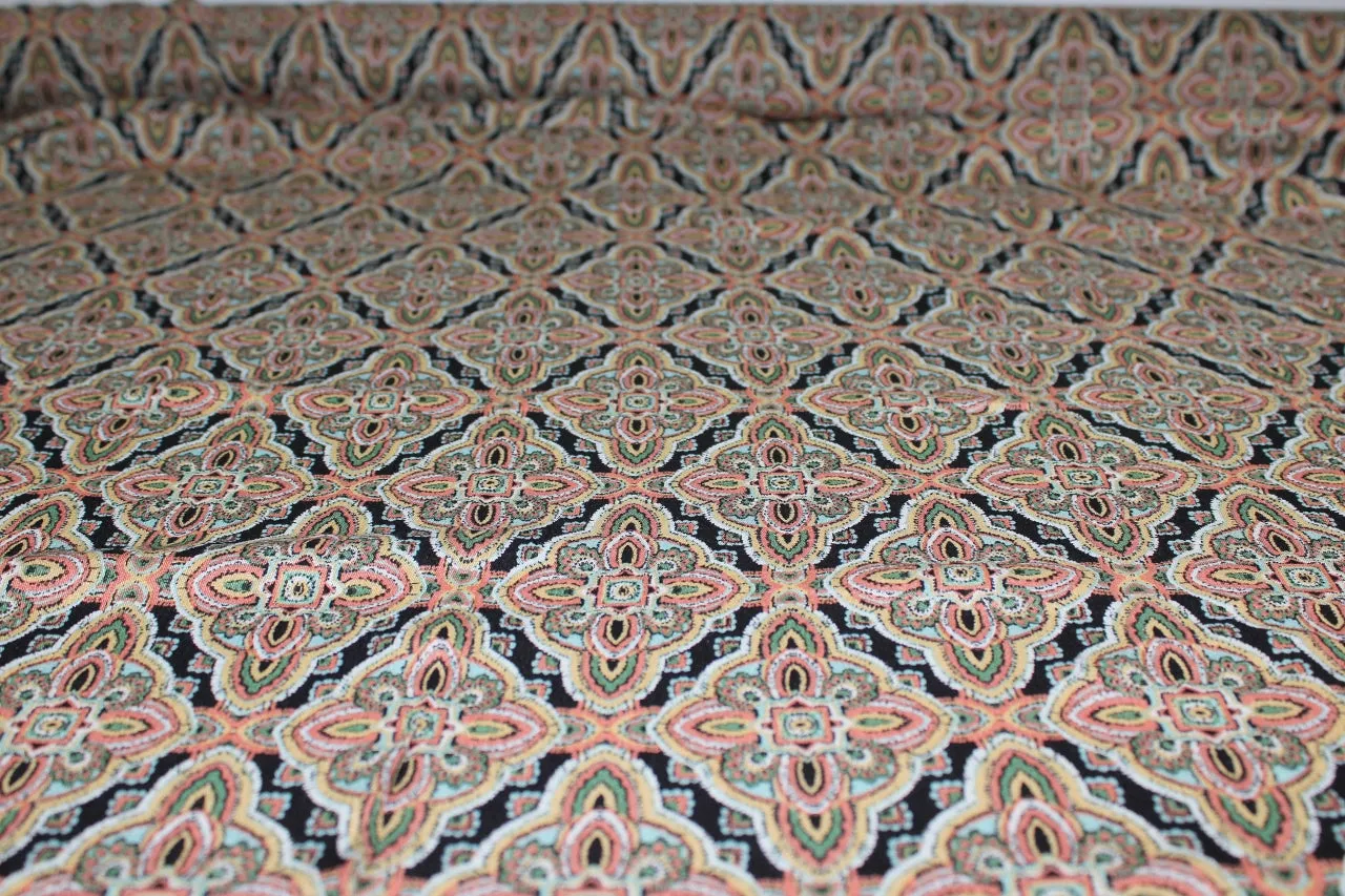 Paisley Medallions Rayon Challis - Orange Tones on Black